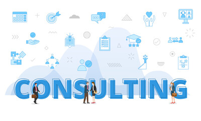 consulting concept with big words and people surrounded by related icon with blue color style