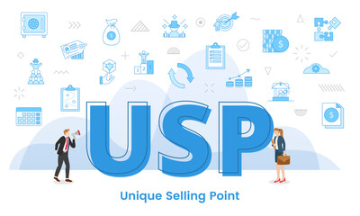 usp unique selling point concept with big words and people surrounded by related icon with blue color style