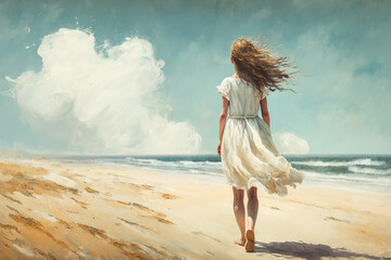 Young woman walks on beach alone, girl wearing white dress by sea, generative AI, painting style - obrazy, fototapety, plakaty