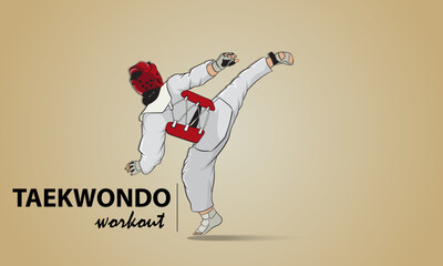 Athlete strikes with his right foot in a jump. Taekwondo is a martial art form.