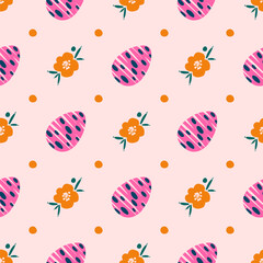Easter seamless repeating pattern with dotted eggs, flowers and dots. Background or texture for fabric, wallpaper, textile, apparel, wrapping, scrapbooking, tags, cover, cards, invitation