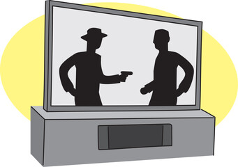 シンプルで大きなテレビの液晶画面に映る銃を向ける男性のイラスト