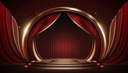 Red Maroon Golden Curtain Stage Award Background. Trophy on Red Carpet Luxury Background. Generative ai
