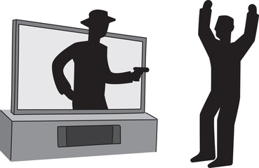シンプルで大きなテレビの液晶画面に映る銃を向ける男性のイラスト