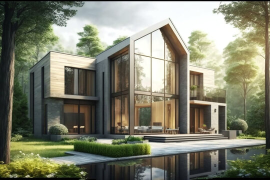 Exterior image of a modern and contemporary house with large windows with a garden and beautiful sky. Generative ai illustration