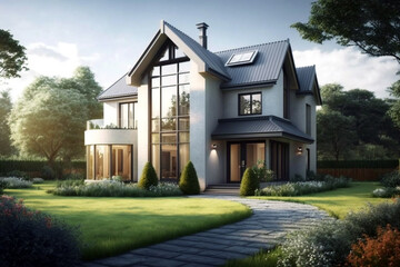 Modern and contemporary house with large windows with a garden. Generative ai illustration