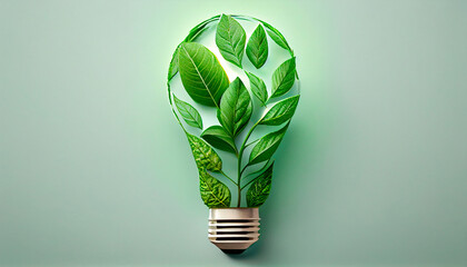 Obraz na płótnie Canvas Green eco friendly lightbulb from fresh leaves top view, concept of Renewable Energy and Sustainable Living. Generative AI