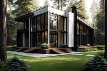 Fototapeta na wymiar Modern house exterior with large windows and a garden. Generative ai illustration