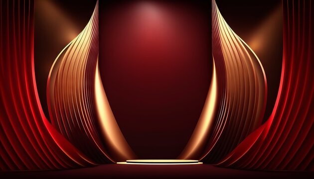 Red Maroon Golden Curtain Stage Award Background. Trophy on Red Carpet Luxury Background. Generative ai