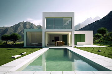 Wonderful residential villa with minimalist modern architecture, swimming pool and mountain view in the background. Generative AI illustration