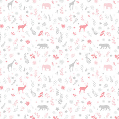 Jungle animals seamless kids pattern. Elephant, giraffe, tiger, dee, flowers and leaves. Creative kids texture for fabric, wrapping, textile, wallpaper, apparel etc.
