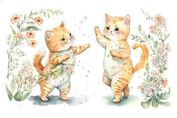 Two smiling orange tabby kittens dancing in a spring flower garden. Digital watercolor cartoon over generative ai.