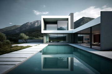 Fototapeta na wymiar beautiful residential villa with minimalist modern architecture, swimming pool and mountain view in the background. Generative AI illustration