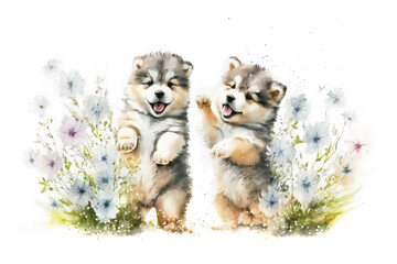 Two smiling malamute puppies dancing with spring flowers in a garden. Digital watercolor cartoon over generative ai.