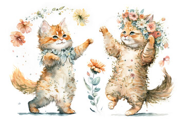 Two smiling Mainecoon kittens dancing in a spring flower garden. Digital watercolor cartoon over generative ai.