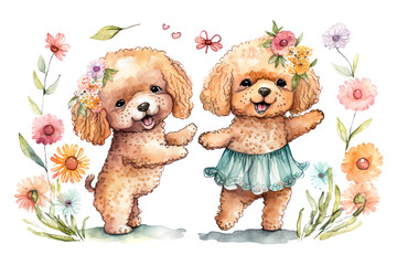 Two smiling poodle puppies celebrating spring dancing with flowers in a garden. Digital watercolor cartoon over generative ai.