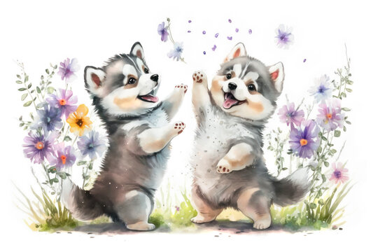 Two smiling husky puppies dancing with spring flowers in a garden. Digital watercolor cartoon over generative ai.