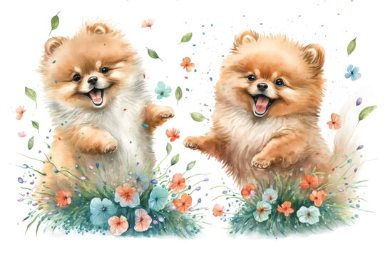 Two smiling Pomeranian puppies dancing with spring flowers in a garden. Digital watercolor cartoon over generative ai.