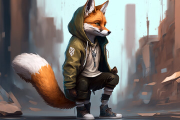 A fox wearing hoodie and shoes, a character portrait in cartoon painting. Generative ai illustration