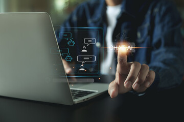 Chatbot Chat with AI, Artificial Intelligence. man using technology smart robot AI , Futuristic technology transformation , robot application, conversation assistant concept. 