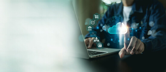 Business  hand using cloud computer Storage and data transfer Cloud network , Cloud technology. Networking and internet service concept.