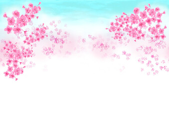 桜の並木道　手描き水彩風背景イラスト