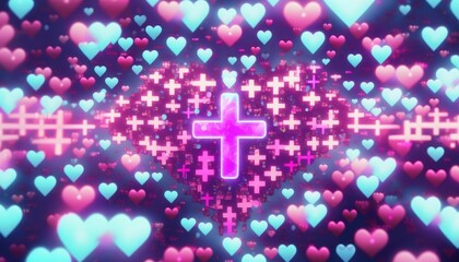 Obraz premium Cross and hearts in futuristic and positive style