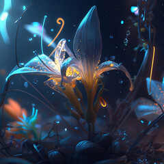 Lily flowers in light effects, surreal, colorful, fantasy, spectacular lighting, generated in AI