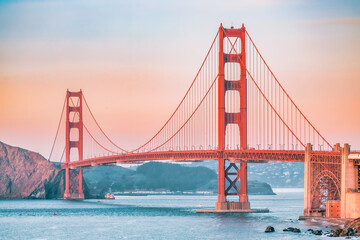 Beautiful view of the Golden Gate Bridge in San Francisco, pastel colors. Concept, travel, world attractions