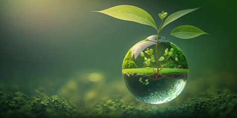 green natural environment background concept for earth day april celebration with plant seed in the forest growing on the planet and water around it