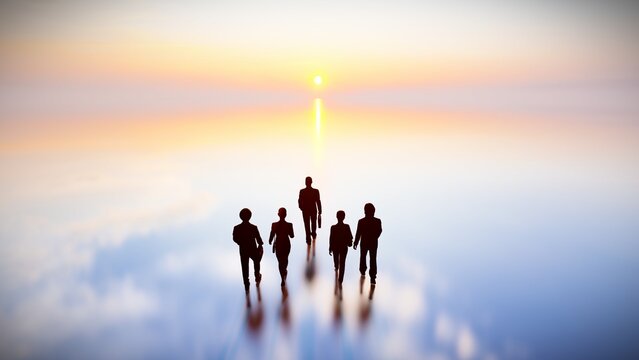 Silhouette Businessman Team Walking On Reflection Ground,3D Rendering People In Back View At Sunset Time.  