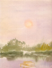River and forest in a milky pink mist with sun. Watercolor illustration