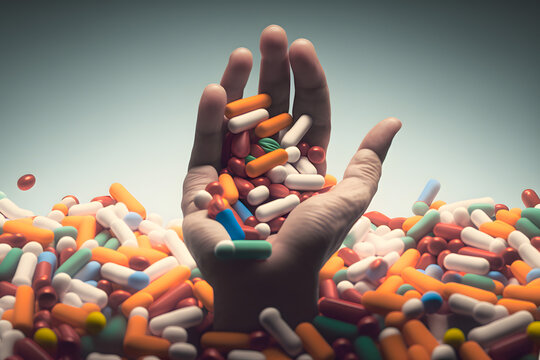 Hand sticks out of a pile of medicine pills. Overdose concept. Generative AI