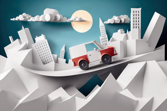 Paper art , Car on a road , one day trip in the summer , Escape from the city with goes on holiday weekend , Generate AI