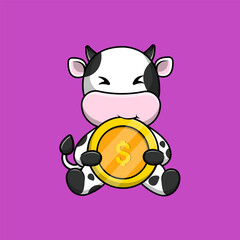 Obraz na płótnie Canvas Cute Cow Bite Gold Coin Cartoon Vector Icons Illustration. Flat Cartoon Concept. Suitable for any creative project.