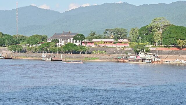 View of the Golden Triangle area where the borders of Thailand, Laos, and Myanmar (Burma) meet at the Ruak and Mekong rivers view from Chiang Saen district in Chiang Rai province of Thailand.
