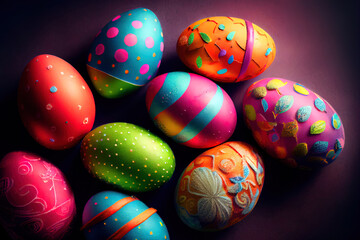Fototapeta na wymiar High angle close up of brightly colored Easter eggs. Generative Ai