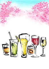 アルコールドリンクセットと桜の並木道の手描き水彩風背景イラスト