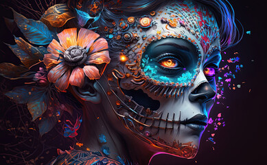 Futuristic Sugar Skull Woman with Flowers Part Robot Part Skeleton Floral Dia de los Muertos Day of the Dead Mexican Holiday Generative AI