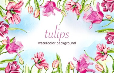 Hand drawn watercolor seamless border with tulip flowers.