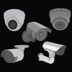 Set of cctv in coloring vector style, isolated on black background. Cctv in coloring vector style for coloring book.