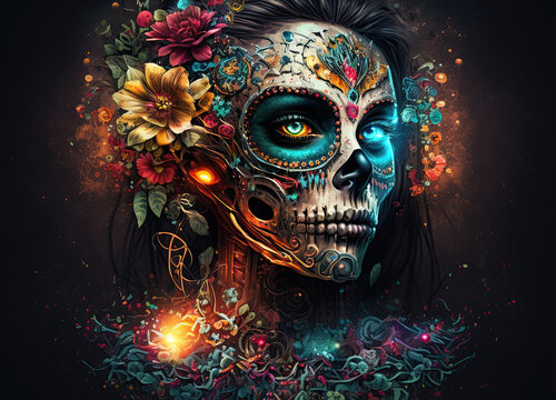 Futuristic Sugar Skull Woman with Flowers Part Robot Part Skeleton Floral Dia de los Muertos Day of the Dead Mexican Holiday Generative AI