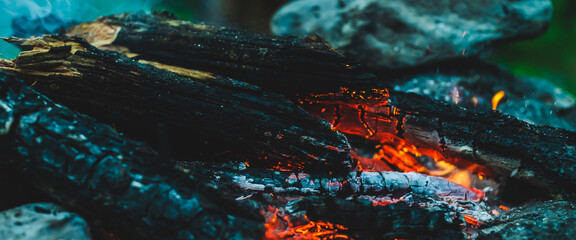 Fototapeta na wymiar Vivid smoldered firewoods burned in fire close-up. Atmospheric warm background with orange flame of campfire and blue smoke. Unimaginable full frame image of bonfire. Burning logs in beautiful fire.