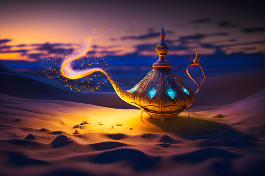 Lamp of wishes on sand in desert genie coming out of the bottle. Generative AI.