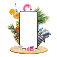 Smartphone with blank screen and beach accessories