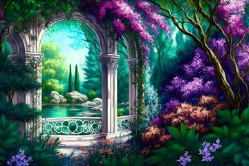 Wallpaper of a natural landscape, an outdoor garden of trees, flowers and beautiful nets, in attractive colors, used as a classic wall painting, digital painting