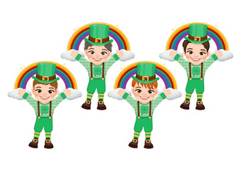 St. Patrick s Day with boys in Irish costumes. boy funny with rainbow and cloud cartoon character design vector