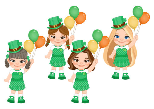 St. Patrick s Day with girls in Irish costumes. girl holding balloon Irish color cartoon character design vector