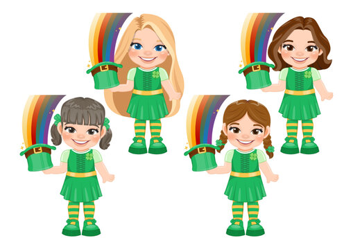 St. Patrick s Day with girls in Irish costumes. girl holding rainbow in leprechaun hat cartoon character design vector