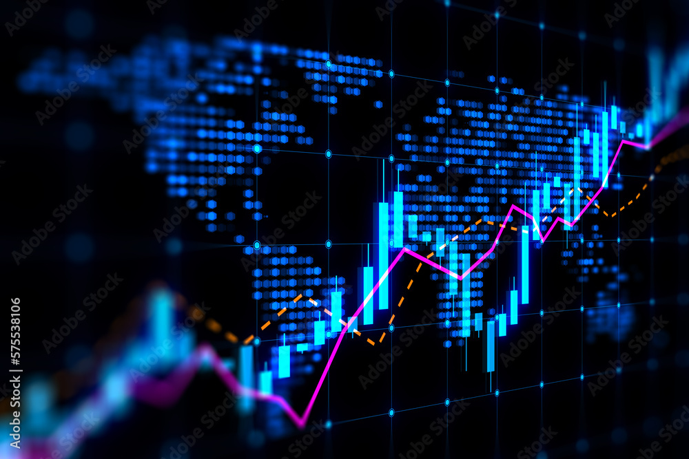 Poster glowing candlestick forex chart map hologram on dark background. trade and market concept. 3d render